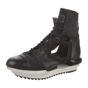 Y-3 x Adidas Black Leather High Top Cutout Platform Sneakers